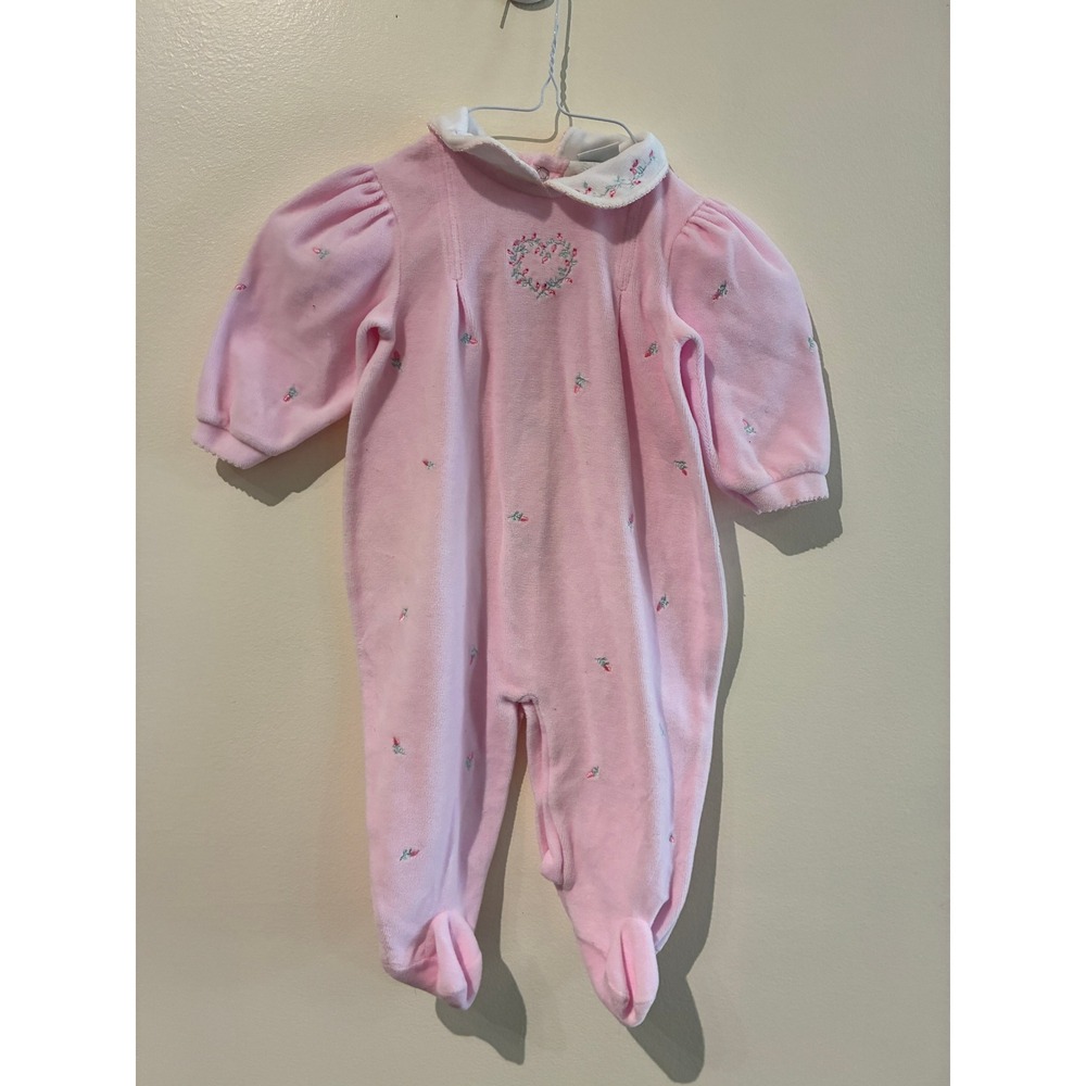 Little Me Vintage Pink Velour Footed Sleeper Floral Embroidery 9 Months